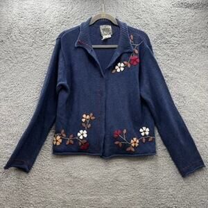 Vintage Curio XL Blue Cardigan Sweater Floral Embroidered VNeck Internal Buttons